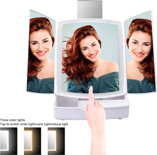 Makeup Mirror Tabletop Triple Mirror 5x Magnification with LED Lighting and Storage Space with Light White
