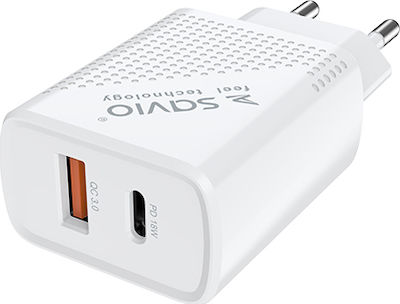 Savio Charger Without Cable with USB-A Port and USB-C Port Power Delivery / Quick Charge 3.0 Whites (LA-04)