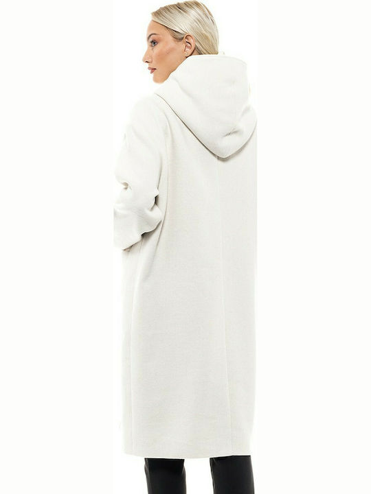 Biston Γυναικείο Λευκό Παλτό με Κουκούλα
