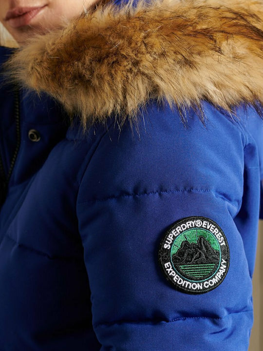 Everest Kurz Damen Puffer Jacke mit pelziger Kapuze für Winter Blau