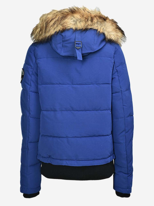 Everest Kurz Damen Puffer Jacke mit pelziger Kapuze für Winter Blau