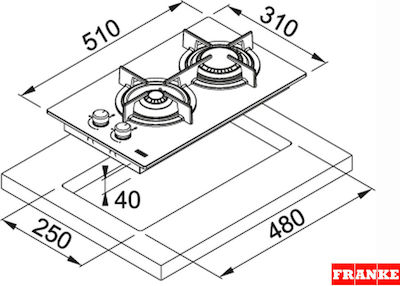 Franke FHCR 302 2G HE BK C Domino Autonomous Cooktop with Liquid Gas Burners 31x51cm