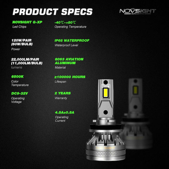 NovSight Lamps Car & Motorcycle H11 LED 6500K Cold White 12-24V 120W 2pcs