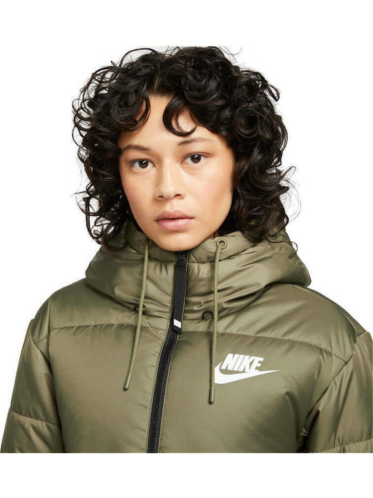 Sportswear Women's Short Puffer Jacket for Winter with Hood Khaki