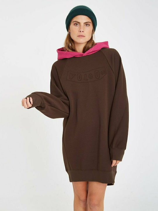 Weirdi Dress Mini Αθλητικό Φόρεμα Μακρυμάνικο με Κουκούλα Καφέ
