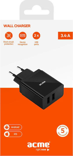 Acme Φορτιστής Χωρίς Καλώδιο με 2 Θύρες USB-A 17W Μαύρος (CH205)