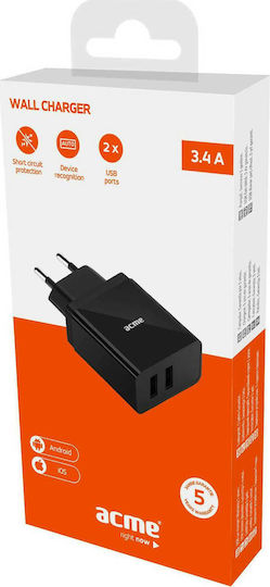 Acme Φορτιστής Χωρίς Καλώδιο με 2 Θύρες USB-A 17W Μαύρος (CH205)