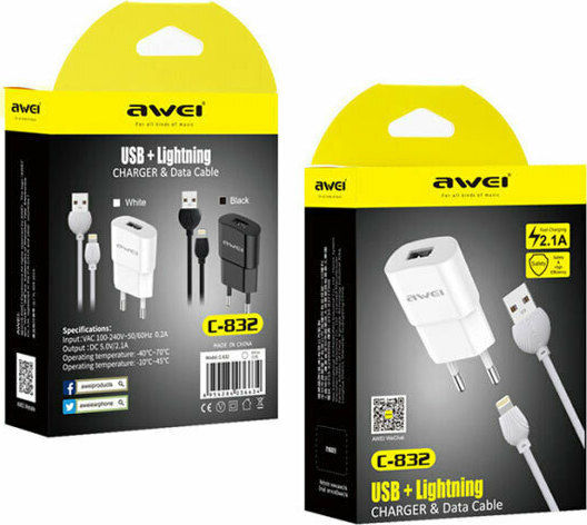 Awei Ladegerät mit USB-A Anschluss und Kabel Blitzschlag Schwarzs (C-832)