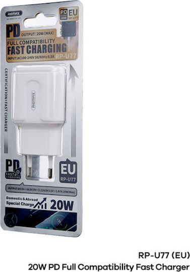 Remax Φορτιστής Χωρίς Καλώδιο με Θύρα USB-C 20W Power Delivery Λευκός (RP-U77)