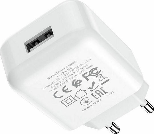 Hoco с USB-A порт и кабел micro USB Бял (N2 Vigour)