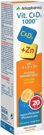 Arkopharma Vitamin C & D3 +Zn Multivitamin for Energy & Immune System Boost 1000iu 1000mg Orange 20 eff. tabs