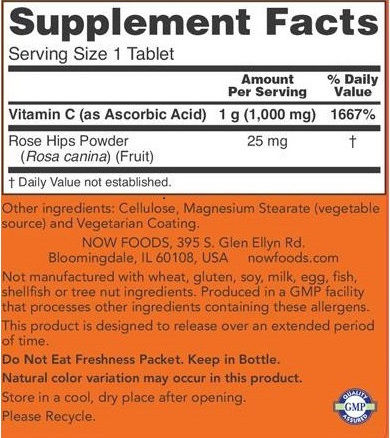 Now Foods C-1000 Sustained Release Antioxidant Protection With Rose Hips Vitamin for Immune System Boost, the Skin & Antioxidant Action 1000mg 100 Tablets
