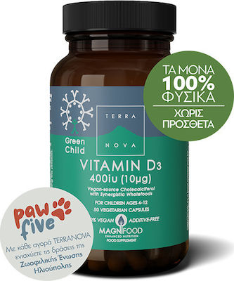 TerraNova Child Vitamin D3 Vitamin for Immune System Boost & Bone Health 400iu 50 veg. caps