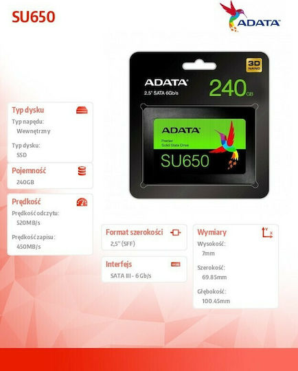 Adata Ultimate SU650 SSD 240GB τύπου 2.5'' με σύνδεση SATA III ASU650SS-240GT-R