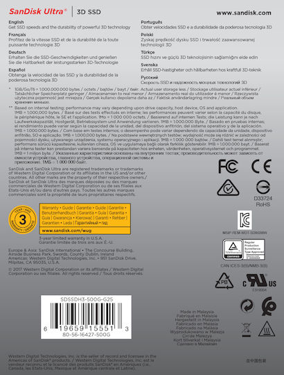 Sandisk Ultra 3D SSD 500GB τύπου 2.5'' με σύνδεση SATA III SDSSDH3-500G-G25