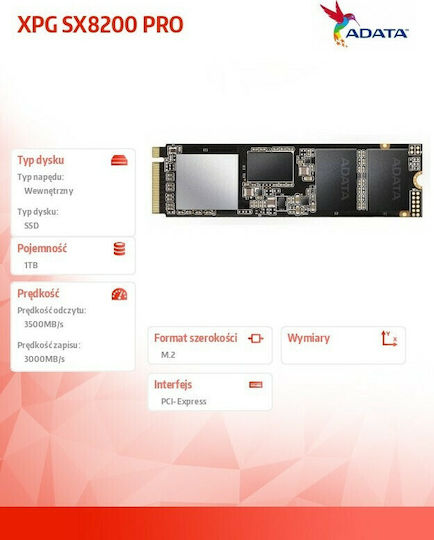 Adata XPG SX8200 Pro SSD 1TB τύπου M.2 με σύνδεση PCI Express 3.0 ASX8200PNP-1TT-C