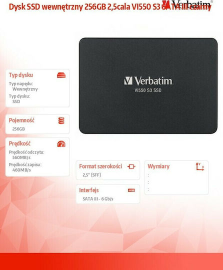 Verbatim Vi550 S3 SSD 256GB Type 2.5'' with SATA III Connection 49351
