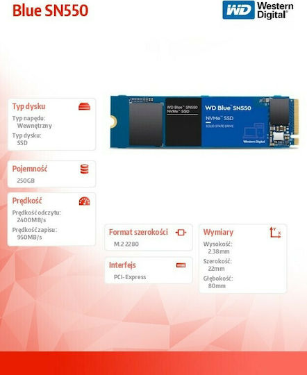 Western Digital Blue SN550 NVMe SSD 250GB τύπου M.2 με σύνδεση PCI Express 3.0 WDS250G2B0C