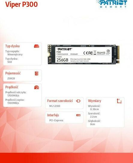 Patriot P300 SSD 256GB Type M.2 with PCI Express 3.0 Connection P300P256GM28