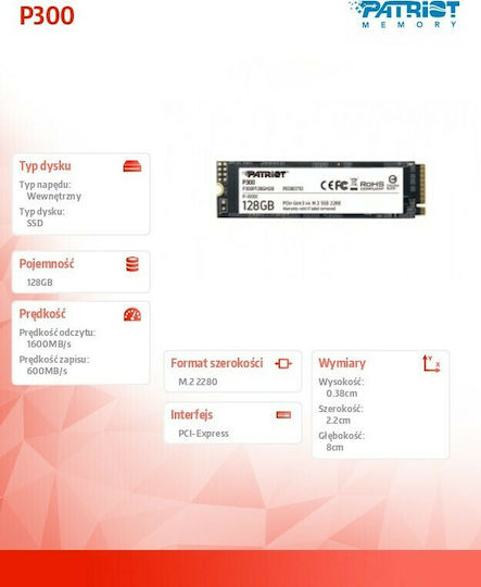 Patriot P300 SSD 128GB M.2 Type with PCI Express 3.0 Connection P300P128GM28