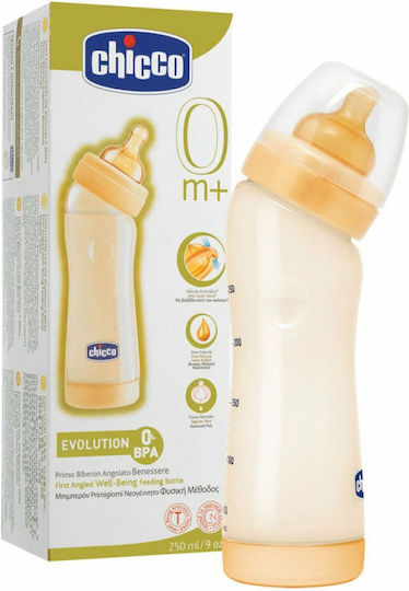 Chicco Sticlă de Plastic pentru Bebelusi Well Being First Angled Anti-Colici cu Tetină din Silicon pentru 0+, 0+ m, luni Orange 250ml