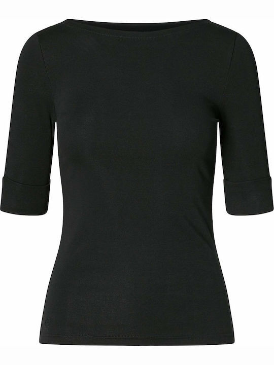 Judy Women's Blouse Cotton Long Sleeve with Boat Neckline Black