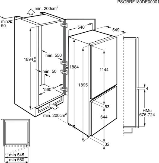 AEG Eingebauter Kühl-Gefrierkombination 269Es NoFrost H189.4xB56xT55cm. Weiß SCE819E5TS