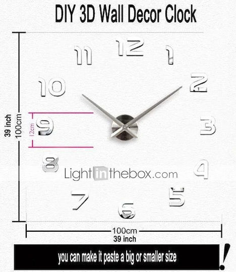 Large 3D with Numbers 3D Wall Clock Sticker Plastic Silver 41x10cm Large 3D with Numbers 3D Wall Clock Sticker Plastic Silver 41x10cm