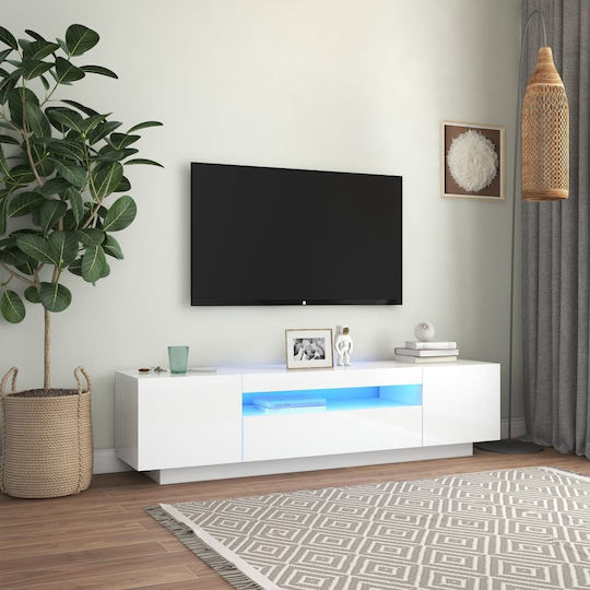 TV Stand Wooden with LED Lighting Glossy White L160xW35xH40cm