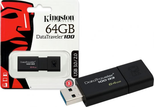 Kingston DataTraveler 100 G3 64GB USB 3.0 Стик Черен
