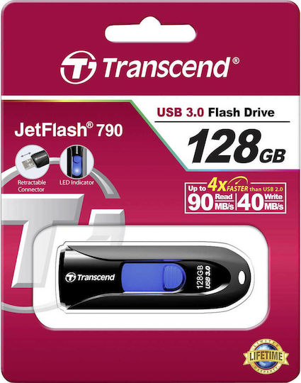 Transcend JetFlash 790 128GB USB 3.0 Stick Μαύρο