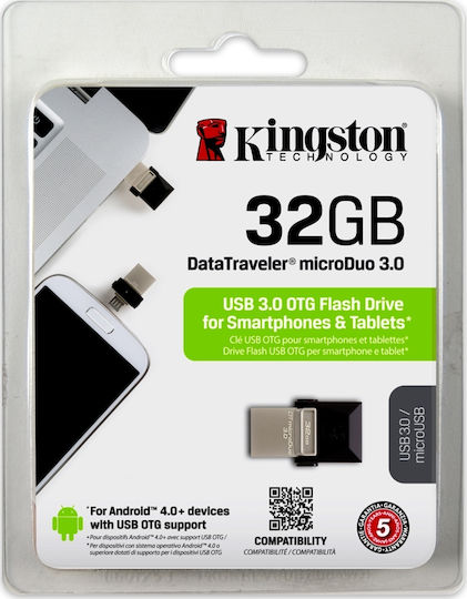 Kingston DataTraveler MicroDuo 3.0 32GB USB 3.0 Stick cu conexiune USB-A & micro USB-B Negru