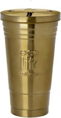 Ecolife Cup Recyclable Glass Thermos Stainless Steel BPA Free 480ml Gold with Straw