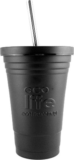 Ecolife Cup Recyclable Glass Thermos Stainless Steel BPA Free 480ml Black with Straw