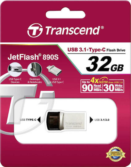 Transcend JetFlash 890 32GB USB 3.1 Stick Ασημί