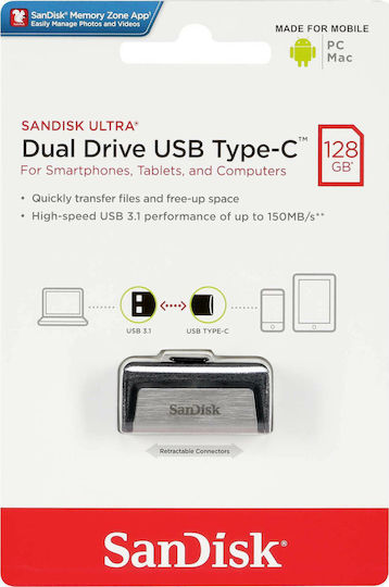 Sandisk Ultra Dual Drive 128GB USB 3.1 Стик с връзка USB-A & USB-C Бял