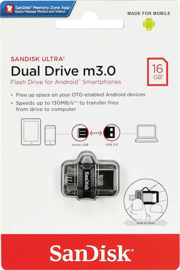 Sandisk Ultra Dual Drive M3.0 16GB USB 3.0 Stick με σύνδεση USB-A & micro USB-B Μαύρο