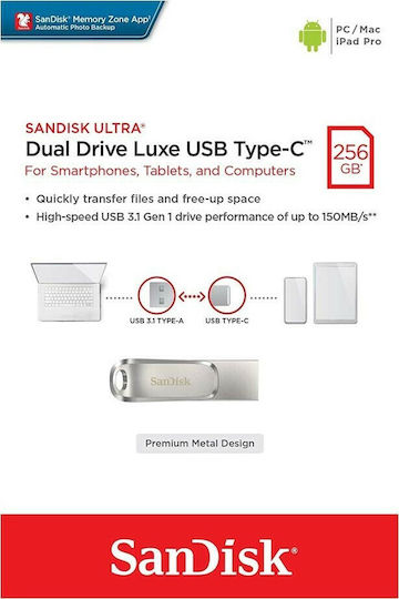 Sandisk Ultra Dual Drive Luxe 256GB USB 3.1 Stick with connection USB-C & USB-A Silver