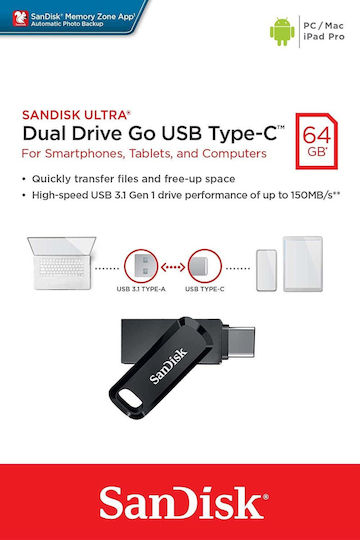 Sandisk Ultra Dual Drive Go 64GB USB 3.1 Stick cu conexiune USB-A