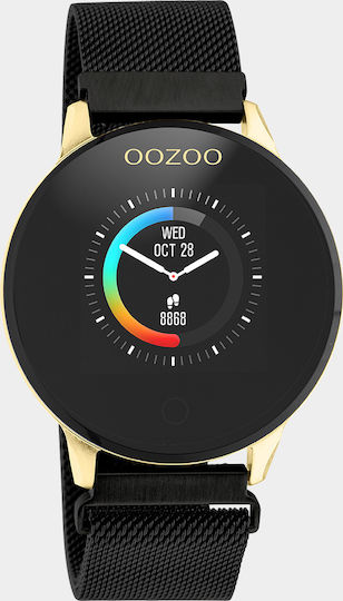 Oozoo Q00122 Stainless Steel 43mm Smartwatch with Heart Rate Monitor (Metal Mesh Strap Black With Gold)