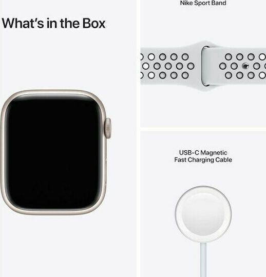 Apple Watch Series 7 Nike Aluminium 45mm Αδιάβροχο με Παλμογράφο (Starlight)