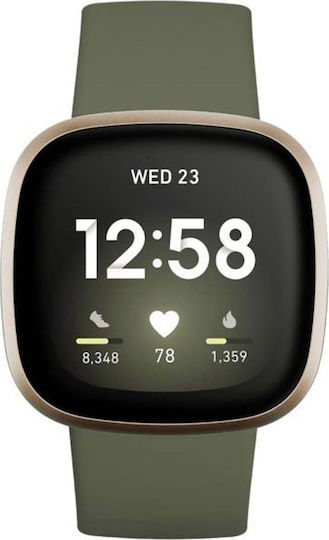Fitbit Versa 3 Aluminium Waterproof Smartwatch with Heart Rate Monitor (Olive / Soft Gold Aluminum)