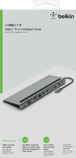 Belkin Connect USB-C Docking Station με HDMI/DisplayPort 4K PD Ethernet και συνδεση 3 Οθονών Ασημί