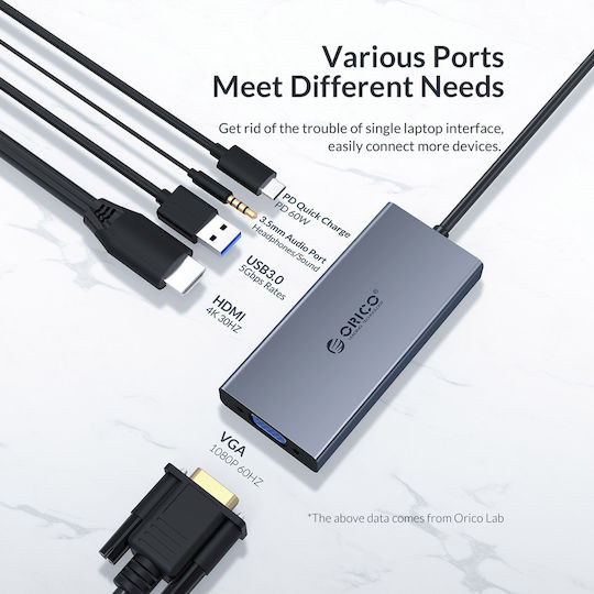 Orico MC-U501P USB-C Docking Station με HDMI 4K PD και συνδεση 2 Οθονών Γκρι