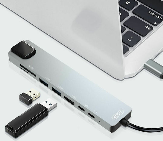 XO HUB003 USB-C Докинг станция с HDMI 4K PD Етърнет Сив