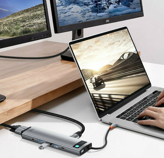 Baseus Metal Gleam Series USB-C Docking Station with HDMI 4K PD Ethernet and Support for 3 Monitors Gray