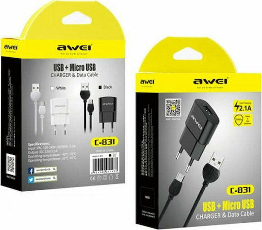 Awei Ladegerät mit USB-A Anschluss und Kabel Micro-USB Schwarzs (C-831)