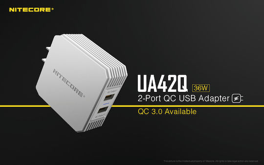 NiteCore Charger Without Cable with 2 USB-A Ports Quick Charge 3.0 Whites (UA42Q)