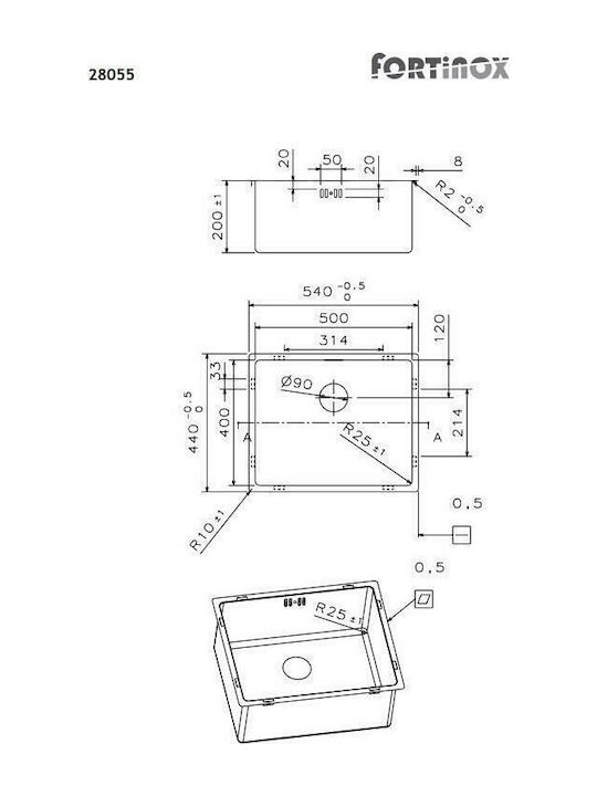 Fortinox Squadro Υποκαθήμενος Νεροχύτης Inox Σατινέ Μ54xΠ44cm Ασημί