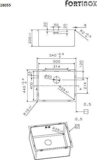 Fortinox Squadro 28055-110 Unterbau Spüle Inox Satiniert B54xT44cm Silber